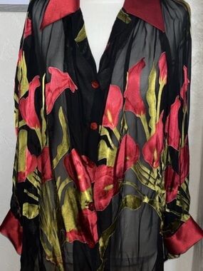 EL CORTE INGLES Extra Large Silk Burnout Blouse Button Down Floral Lily